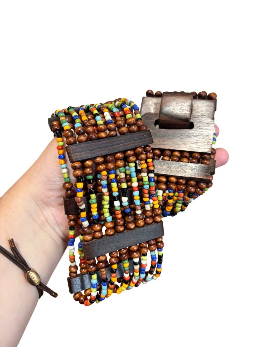 Wooden Beaded Stretch Buckle Belt Multicolor Accents Waist Accessory Women - Picture 2 of 7